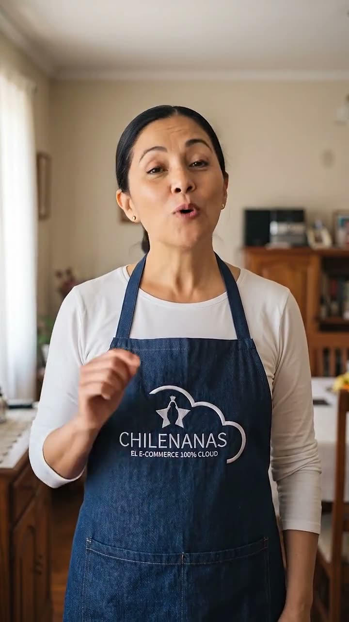 Comercial de ChileNanas: mujer con delantal hablando a cámara