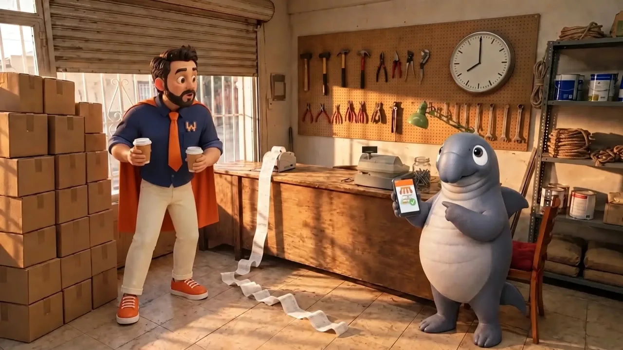 Ilustración 3D: personaje con capa y una foca en un taller de noche