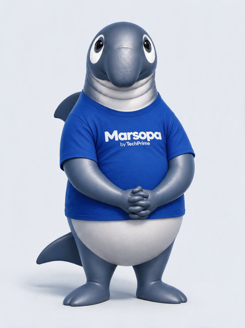 Marsopa, personaje 3D, con polera azul de TechPrime