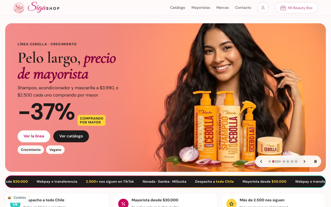 Portada de la tienda sigashop.cl con banner de la línea cebolla